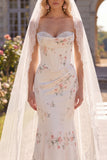 White Red Flower Corset Sweetheart Sweep Train Wedding Dress