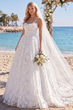 Lace Floral White A Line Spaghetti Straps Sweep Train Wedding Dress with Veils
