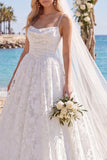 Lace Floral White A Line Spaghetti Straps Sweep Train Wedding Dress with Veils