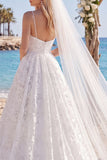 Lace Floral White A Line Spaghetti Straps Sweep Train Wedding Dress with Veils