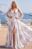 White Purple Flora A Line V Neck Floor-Length Wedding Dress with Veils