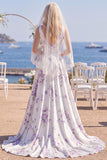White Purple Flora A Line V Neck Floor-Length Wedding Dress with Veils