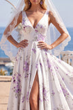 White Purple Flora A Line V Neck Floor-Length Wedding Dress with Veils
