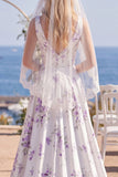 White Purple Flora A Line V Neck Floor-Length Wedding Dress with Veils