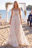 White Pink A Line Sparkly Sequined Floral Floor-Length Wedding Dress with Veils