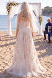 White Pink A Line Sparkly Sequined Floral Floor-Length Wedding Dress with Veils