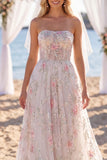 White Pink A Line Sparkly Sequined Floral Floor-Length Wedding Dress with Veils