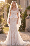 Mermaid White Lace Floral Corset Sweep Train Wedding Dress with Veils