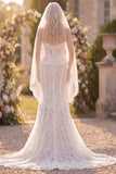 Mermaid White Lace Floral Corset Sweep Train Wedding Dress with Veils