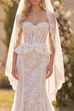 Mermaid White Lace Floral Corset Sweep Train Wedding Dress with Veils