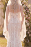 Mermaid White Lace Floral Corset Sweep Train Wedding Dress with Veils