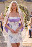 Short Floral White Purple Bodycon Wedding Dress with Veils