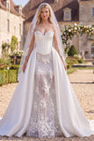 Corset Floral White Mermaid Sweetheart Floor-Length Wedding Dress with Veils