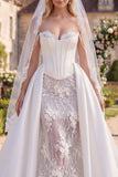 Corset Floral White Mermaid Sweetheart Floor-Length Wedding Dress with Veils