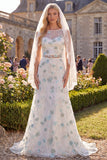 White Green Floral A Line Illusion Neck Floor-Length Wedding Dress with Veils