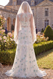White Green Floral A Line Illusion Neck Floor-Length Wedding Dress with Veils