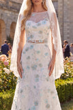 White Green Floral A Line Illusion Neck Floor-Length Wedding Dress with Veils