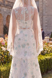 White Green Floral A Line Illusion Neck Floor-Length Wedding Dress with Veils