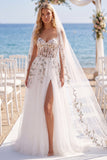 White Floral Corset Appliqued Floor-Length Beach Wedding Dress with Veils