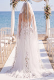 White Floral Corset Appliqued Floor-Length Beach Wedding Dress with Veils