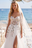 White Floral Corset Appliqued Floor-Length Beach Wedding Dress with Veils