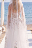 White Floral Corset Appliqued Floor-Length Beach Wedding Dress with Veils