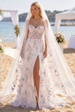 Appliqued Floor-Length White Floral Corset Beach Wedding Dress with Veils