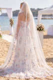 Appliqued Floor-Length White Floral Corset Beach Wedding Dress with Veils