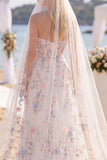Appliqued Floor-Length White Floral Corset Beach Wedding Dress with Veils