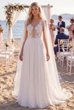 White A Line Floral Appliqued V Neck Floor-Length Wedding Dress with Veils