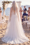 White A Line Floral Appliqued V Neck Floor-Length Wedding Dress with Veils