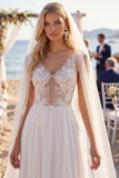 White A Line Floral Appliqued V Neck Floor-Length Wedding Dress with Veils