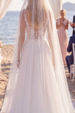 White A Line Floral Appliqued V Neck Floor-Length Wedding Dress with Veils