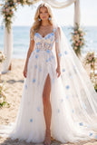 White Blue Floral Corset A Line Appliqued Floor-Length Wedding Dress with Veils