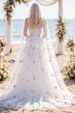 White Blue Floral Corset A Line Appliqued Floor-Length Wedding Dress with Veils