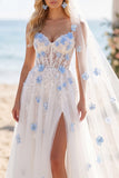 White Blue Floral Corset A Line Appliqued Floor-Length Wedding Dress with Veils