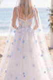 White Blue Floral Corset A Line Appliqued Floor-Length Wedding Dress with Veils