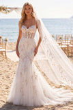White Pink Floral Mermaid Corset Floor Length Wedding Dress with Veils