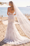 White Pink Floral Mermaid Corset Floor Length Wedding Dress with Veils