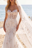 White Pink Floral Mermaid Corset Floor Length Wedding Dress with Veils