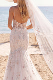 White Pink Floral Mermaid Corset Floor Length Wedding Dress with Veils