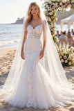 White Floral Lace Mermaid Floor-Length Wedding Dress with Veils