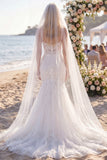 White Floral Lace Mermaid Floor-Length Wedding Dress with Veils