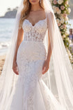 White Floral Lace Mermaid Floor-Length Wedding Dress with Veils