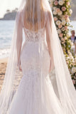White Floral Lace Mermaid Floor-Length Wedding Dress with Veils