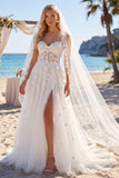 A Line White Floral Corset Floor-Length Wedding Dress with Veils