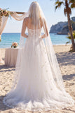 A Line White Floral Corset Floor-Length Wedding Dress with Veils