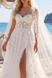 A Line White Floral Corset Floor-Length Wedding Dress with Veils