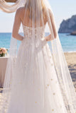 A Line White Floral Corset Floor-Length Wedding Dress with Veils