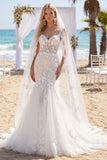 Spaghetti Straps White Lace Floral Floor-Length Beach Wedding Dress with Veils